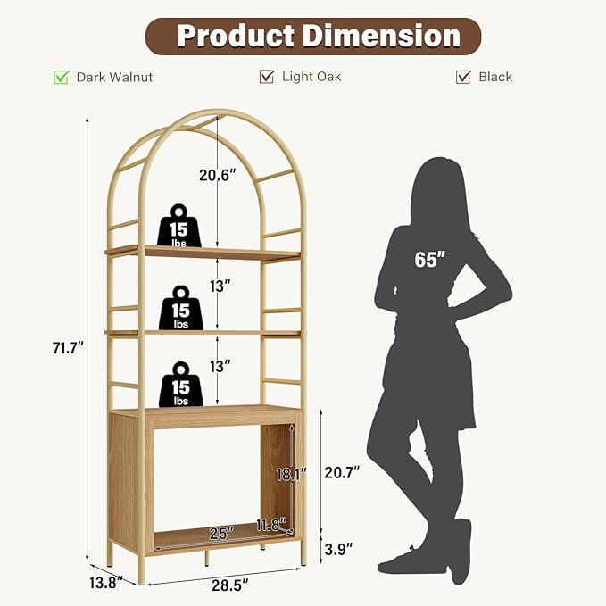 BREEZEHEAT 4-Tier Arched Bookshelf, 72" Tall Bookcase with Storage Shelves, Floor Standing Open Display Storage Shelf with Metal Frame, Large Organizer for Living Room, Home Office, Bedroom, Natural