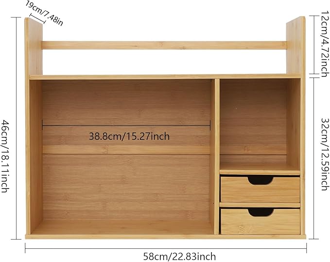 Bamboo Desktop Bookshelf 2-Tier Short Bookshelf with 2 Drawers Desk Shelf for Top of Desk Organizer Shelves Table Top Shelf Desktop Shelves for Offices & Studies (Short Style-22.83" L)