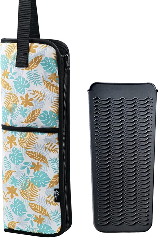 2 Pieces Hair Flat Iron Case Holder Canvas Bag Heat Resistant Curling Iron Silicone Straightener Holder Mat for Hair Tools Curling Iron Organizer Bag (Leavies)