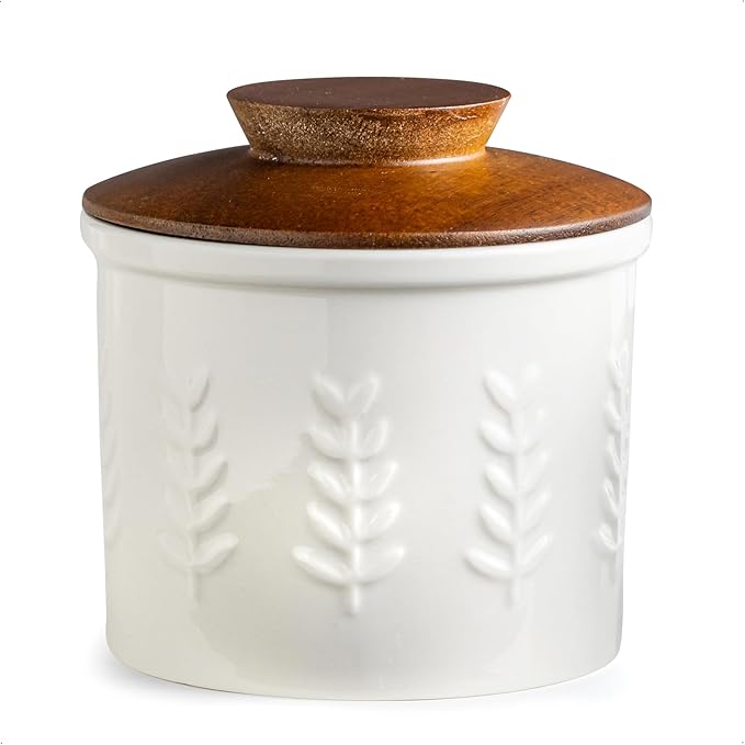 Butter Crock, Ceramic Butter Dish with Lid for Countertop, French Butter Keeper, Elegant Embossed Pattern, White