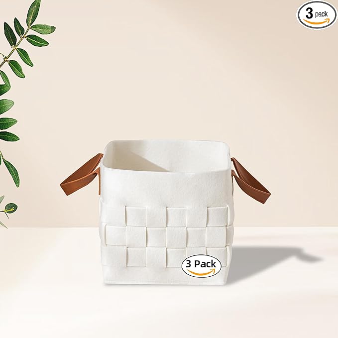 boldmonkey Storage Basket 3 Pack, Medium 10" x10" x10 " Baskets for Shelves with Leather Handle, Cube Felt Fabric Storage Box for Bedroom, Nursery, Living Room - Beige