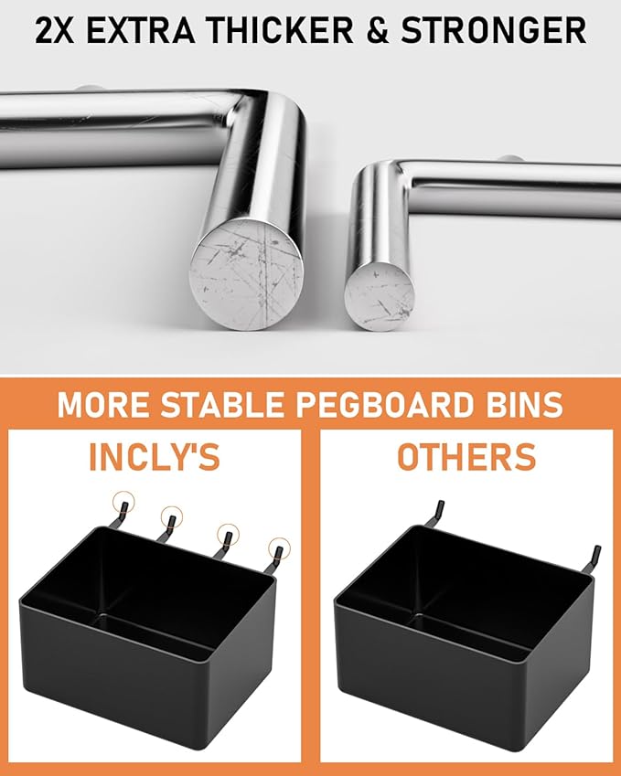 INCLY 170PCS 1/4 Inch Pegboard Hooks Kit, Extra Thick Heavy Duty Peg Board Organizer Accessories Assortment with Pegboard Bins & Peg Lock for Only 1/4" Pegboard Hanging Tools Garage Wall Attachment