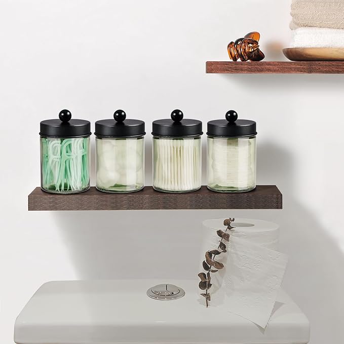 Amolliar Sage Green Apothecary Glass Jar With Metal Lid & Stickers, Bathroom Qtip Dispenser Storage Canister, Perfect for Cotton Balls, Cotton Swabs, Round Pads, Bath Salt, Floss, Black 1 Pack