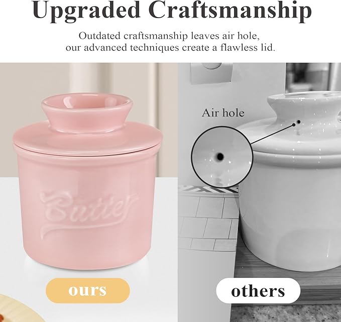 Ceramic Butter Crock with Lid & Spreader Knife, Butter Keeper - Ideal Butter Storage & Countertop Butter Dish,Pink