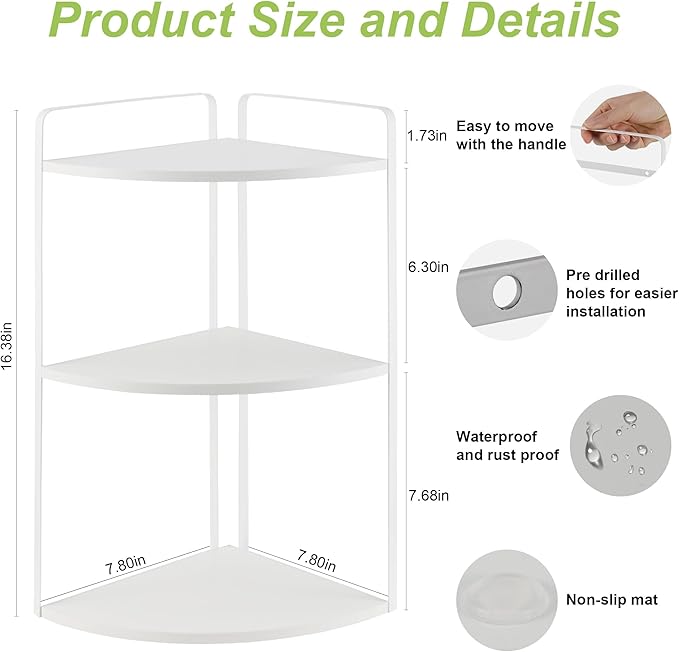 3 Tier Corner Bathroom Counter Organizer, Countertop Organizer, Vanity Organizers, Bathroom Storage Sink Shelf, Wooden and Metal Counter Shelf, Corner Counter (White)