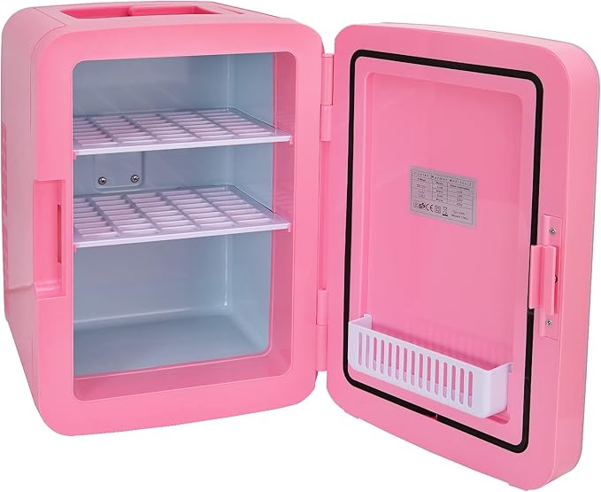 JOYSTAR 10 Liter/12 Cans Mini Fridge for Bedroom, Office, Dorm & Car, Portable Small Refrigerator for Skincare, Makeup, Beverage, Drinks, Thermoelectric Cooler & Warmer, Glass Door, Pink