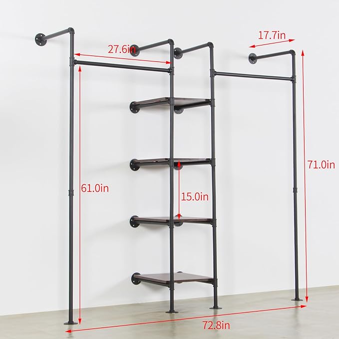 Wall Mounted Industrial Pipe Heavy Duty Clothes Rack, Clothing Rods for Hanging Clothes, Freestanding Clothing Rack with 2 Hang Rods & 4 Shelves, 72.8" W x 17.7" D x 71" H