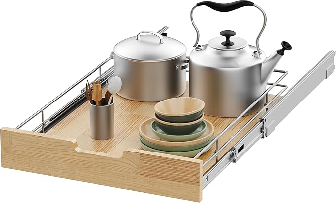 Pull Out Cabinet Organizer,Heavy-Duty Slide Out Shelf, Wood And Wire Basket, Pull Out Drawer for for Kitchen Under Sink Space, Pantry, Bathroom (17 * 21 WM)