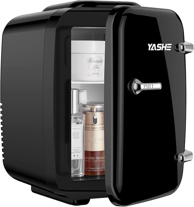 Mini Fridge, 4 Liter/6 Cans Small Refrigerator for Skincare, 110V AC/ 12V DC Thermoelectric Cooler and Warmer for Bedroom, Office, Dorm, Car, Black