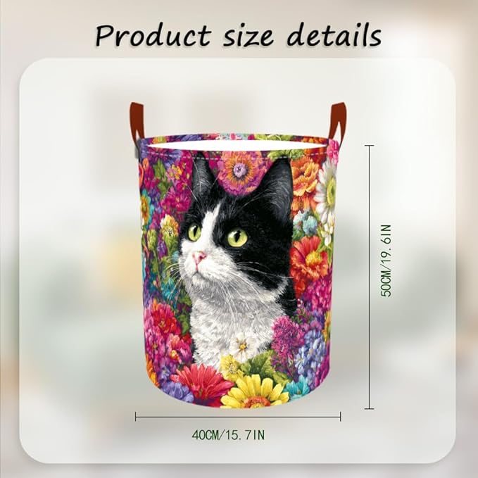 Laundry Baskets 15.7x19.7 Inch Large Cat Floral Garden Design Collapsible Laundry Hamper with Handles Oxford Fabric Clothes Storage Bin Foldable Dirty Clothes Organizer for Bedroom Bathroom Dorm