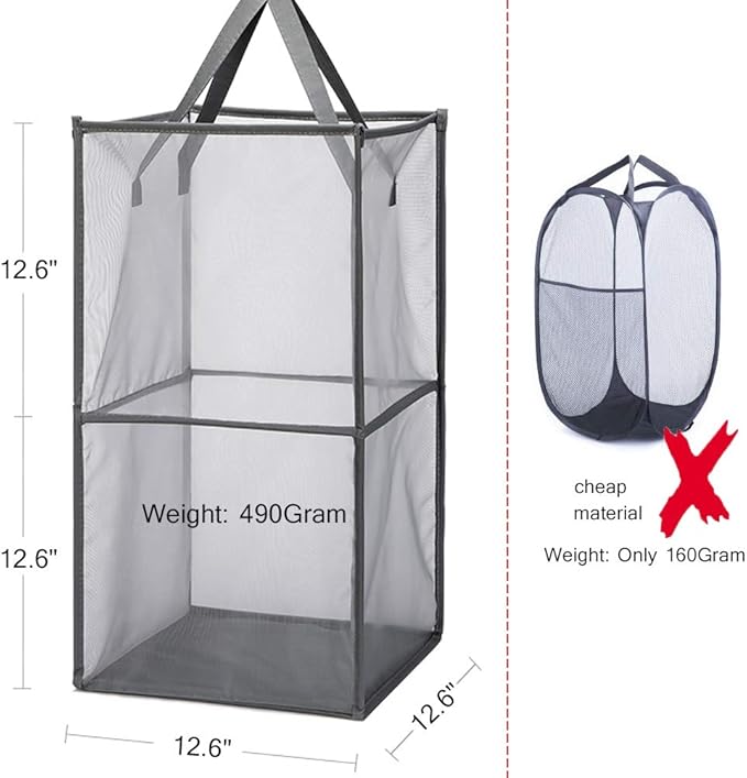 HONOMA Laundry Bags Hamper Bag with Handles,Portable & Collapsible Dirty Clothes Mesh Basket Foldable for Washing Storage, Kids Room,Dorm or Travel (Black,Double-Layer)