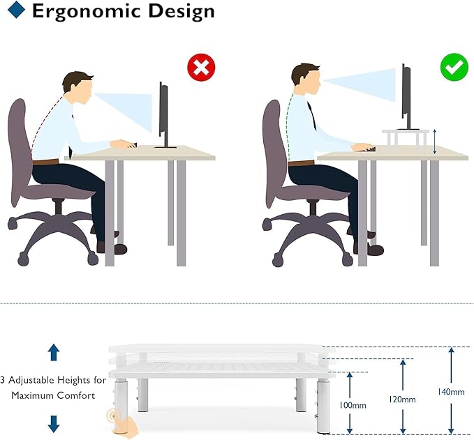 BONTEC 2 Pack 3 Height Adjustable Monitor Stand Riser with Pen Holder, Ergonomic Metal Laptop Stand with Cable Management, Desktop Stand for Computer, Printer, Monitor, Laptop (White, 14.5” x 9.1”)