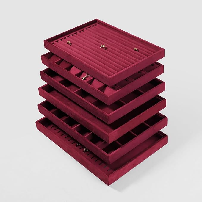 Velvet Ring Display Tray, Stackable Muilt Slot Rings Ear Stud Storage Tray, Drawer Insert Jewelry Accessories Organizers Plate (Red)