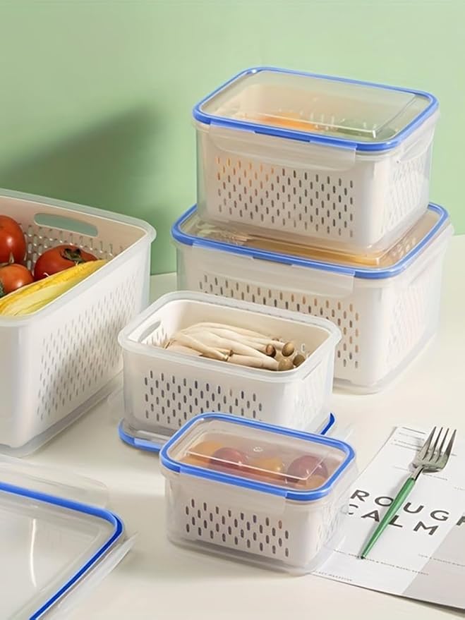iayokocc 2 Pack Fruit Storage Containers for Fridge, Stackable Food Storage Containers with Removable Colander, Refrigerator Organizer with Drain Baskets Lids- Keeping Food Fresh Longer