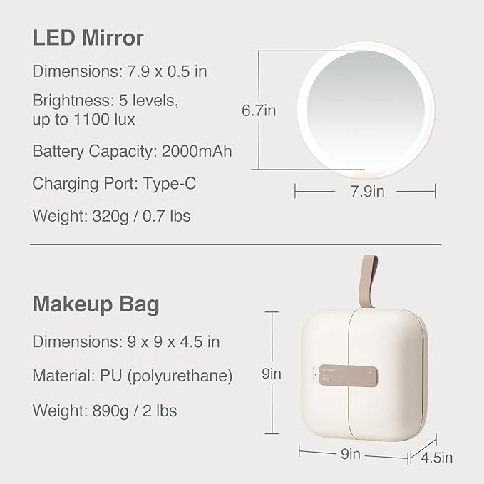 AMIRO M2 Travel Makeup Bag with 5 Level Brightness & 3 Color LED Mirror, Portable Makeup Artist Organizer, White