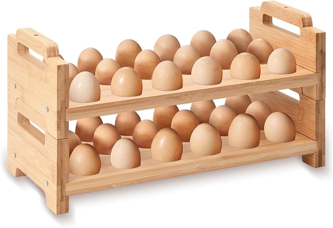 2-Tier Wooden Egg Holder - Egg Basket For Gathering Fresh Eggs, Layer Egg Tray Holder Countertop For 18 Eggs,Tier Egg Organizer For Farmhouse Kitchen Refrigerator Fits Duck, Turkey, Chicken Eggs