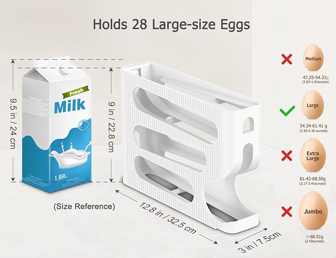 Egg Holder for Fridge, Automatic Rolling Egg Dispenser for Refrigerator, Countertop, Kitchen - Space-saving Egg Roller/Organizer/Storage/Container/Tray for Fridge - 2 Packs for 56 Large Size Eggs
