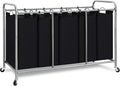 STORAGE MANIAC 5 Section Laundry Sorter, 5 Bins Rolling Separator Laundry Basket, Dirty Clothes Hamper Divider with Heavy Duty Rolling Lockable Wheels, Large Clothes Organizer Cart, Black