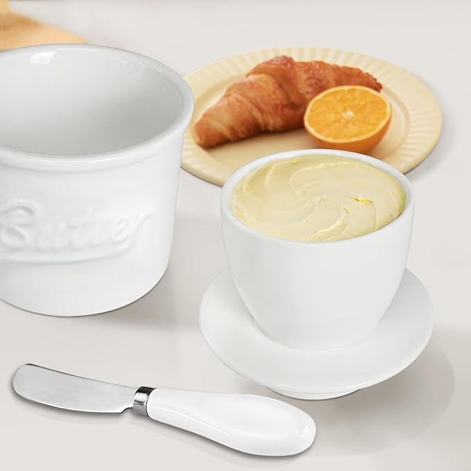 Ceramic Butter Crock with Lid & Spreader Knife, Butter Keeper - Ideal Butter Storage & Countertop Butter Dish, White