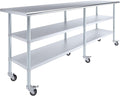 AmGood Stainless Steel Work Table with 2 Shelves and Casters | Metal Utility Table On Wheels (Stainless Steel, 96" Long x 24" Deep)
