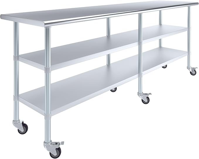 AmGood Stainless Steel Work Table with 2 Shelves and Casters | Metal Utility Table On Wheels (Stainless Steel, 96" Long x 24" Deep)