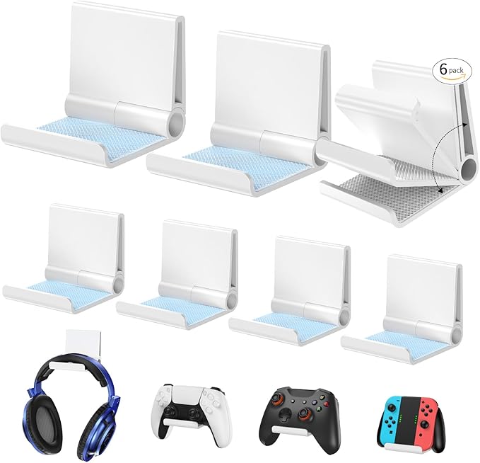 6amLifestyle 6 Pack Foldable Controller Wall Mount Holder for Xbox PS5 PS4 PS3 Switch Pro Strong Adhesive/Screw Controller Hanger Hook with Anti-Slip Pad Universal Gaming Remote Accessories, White