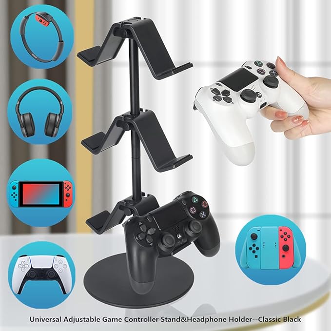 Controller Stand 3 Tier,Headphone Holder, Multi Adjustable Game Controller Headset Hanger for All Universal Gaming PC Accessories, Xbox PS4 PS5 Nintendo Switch(Smart Black)