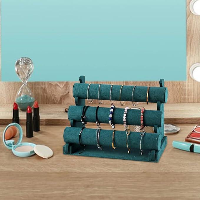Barelove Velvet Bracelet Holder with 3 Tier Rack, Green T-Bar Storage Organizer Detachable Display Stand for Necklace Watch Bangles Bracelets Scrunchies Organization Showcase