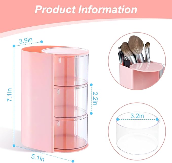 Luscinia Hair Accessories Organizer with Hair Brush Holder, Rotatable Makeup Brush and Jewelry Storage Box for Hair Clips, Earrings, Necklaces, Bracelets, Rings, and Daily Accessories (Pink, 3-Layer)