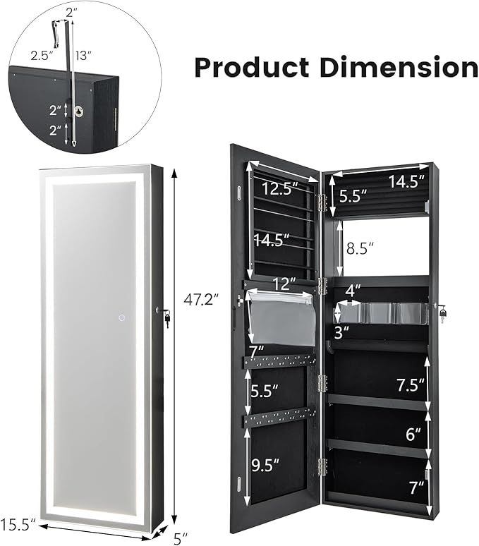Giantex Jewelry Cabinet Armoire Door Wall Mount, 47.2in Lockable Touch Screen Lighted Full Length Mirror, 3 Lighting Settings, Inside Makeup Mirror, Jewelry Storage Box Organizer (Black)