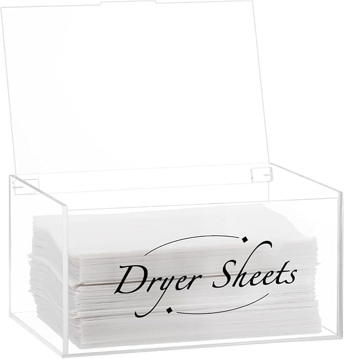 Laundry Sheet Holder - Clear Acrylic Dispenser with Lid, Dryer Sheet Box for Laundry Room