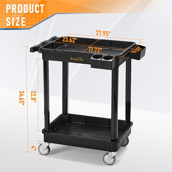 ELAFROS Heavy Duty 2-Shelf Utility Cart, 28x19 Inch, 330 lbs Capacity, Industrial Plastic, Locking Swivel Wheels - Multipurpose Service Rolling Cart for Home, Office, Industrial Use