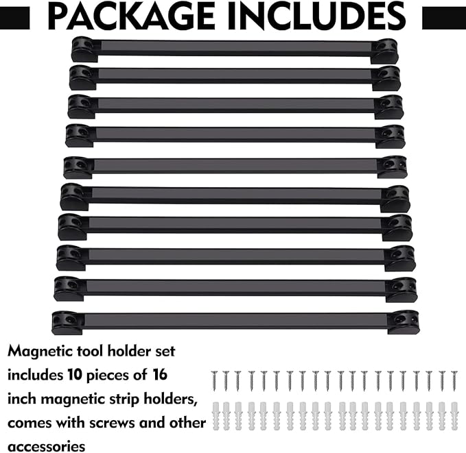 16" Magnetic Tool Holder, 10 Packs Magnetic Storage Strips Magnet Bar PVC Coated for Garage Tool Organizer Mounted Hanging Strip,Heavy Duty of Holder Easy to Install