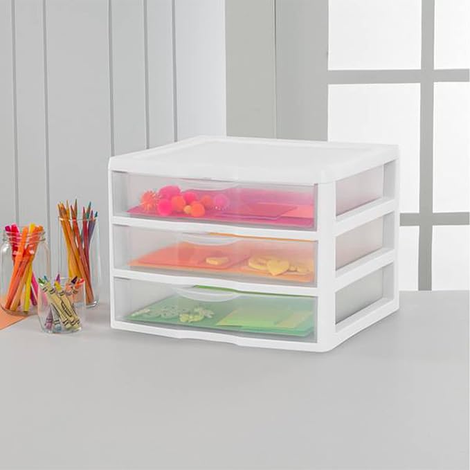 Sterilite 12-Pack Wide 3 Drawer Unit, Plastic Desktop Organizer with Clear Drawers, White Frame - Stackable Multi-Purpose Storage for Office Supplies, Craft Rooms, Classrooms and Home Organization