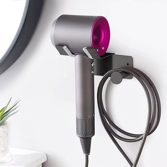 Hair Dryer Holder Stainless Steel, Blow Dryer Holder Self Adhesive, Dyson Hair Dryer Holder Wall Mounted Compatible with Dyson, Hairdryer Holder for Bathroom Black PTALSEAW