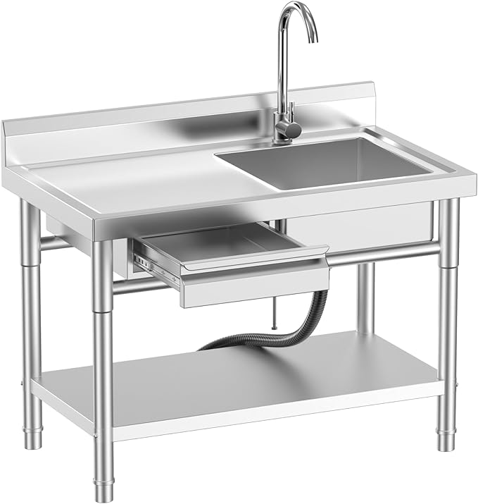 Stainless Steel Utility Sink, Commercial Kitchen Sink, Free Standing Single Bowl Sink with Drawer & Cold and Hot Water Pipe for Kitchen Laundry Room Farmhouse Indoor and Outdoor