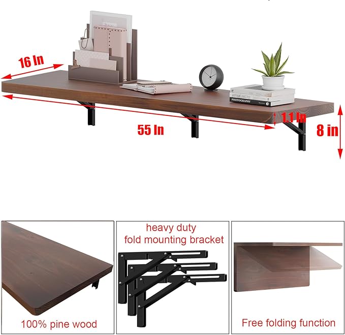 IAE Wall Mounted Folding Table with Pine Wood,55" x 16" Floating Wall Desk,Laundry Folding Table with Shelf Brackets,Fold Down Desk Shelf,Folding Workbench for Home,Dining,Laundry Room,Kitchen,Brown