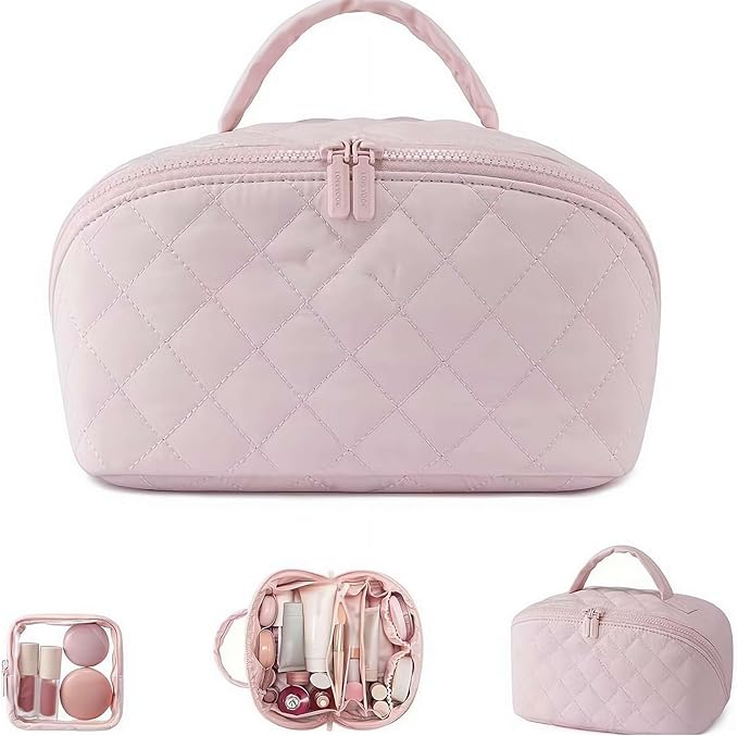 2026 Travel Makeup Bag for Women – 180° Lay-Flat Puffy Cosmetic Organizer with 5 Compartments, Water-Resistant & Machine Washable Makeup Case,Puffy Padded Organizer for Toiletries,Ideal Gifts for Her