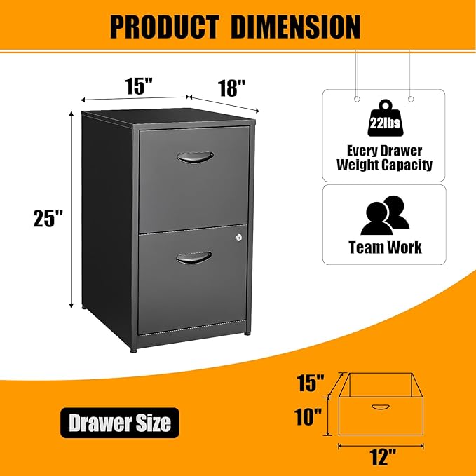 2 Drawer File Cabinet, Metal Two Drawer Vertical File Cabinets with Lock, 18" D Black Storage Filing Cabinet for Home Office, Steel Light Duty Storage for Letter-Size Files, Assembly Required