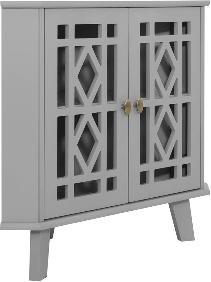 Scurrty 32'' Corner Shelf Stand, Small Corner Table Sideboard Cabinet with 2 Doors and 2-Tier Shelves, Free-Standing Corner Storage Organizer for Living Room, Dining Room & Bathroom (Grey)