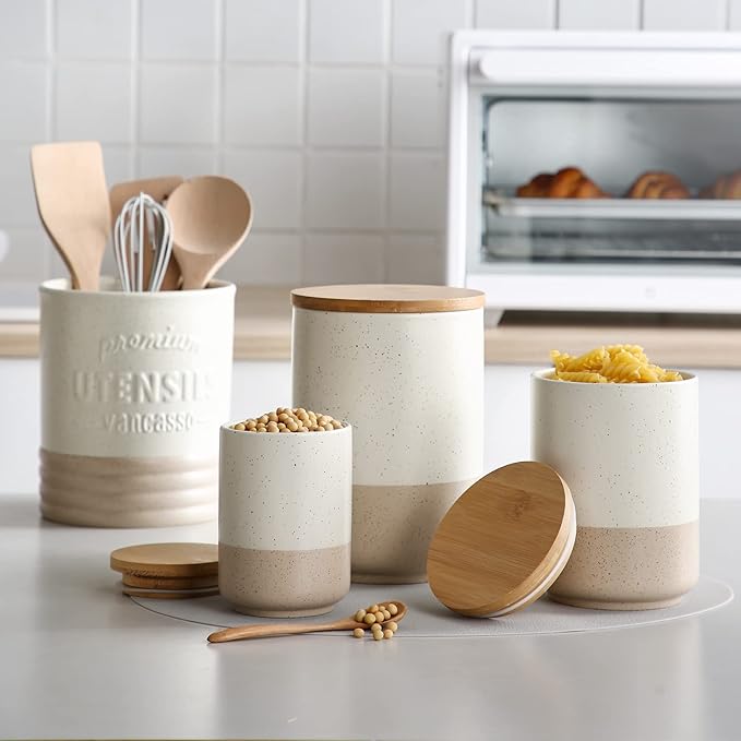 vancasso Sabine Small Ceramic Canister with Airtight Wood Lid - 18 oz Kitchen Storage for Coffee, Sugar, Tea & Spices - Compact Countertop Jar
