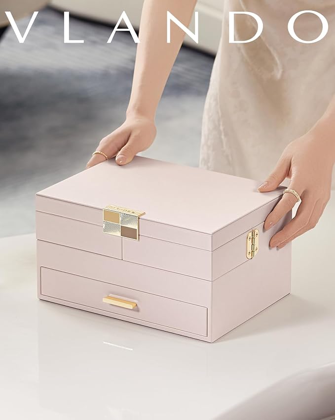 Vlando 3 Layer Jewelry Box - Women Jewelry Box with Retractable Tray - Jewelry Organizers with Drawer for Necklaces, Rings, Bracelets, Earrings, Gift for Couples Mom Girls - Pink