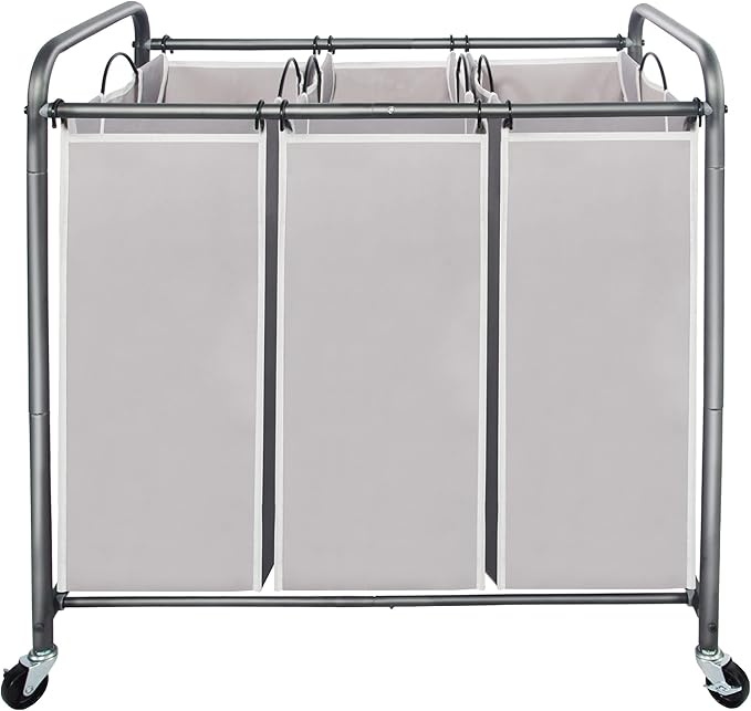 STO STO Laundry Sorter 3 Section, 3 Bag Laundry Hamper, Rolling Laundry Cart, Laundry Basket with Heavy Duty Lockable Wheels and Removable Bag for Clothes Storage, Gray