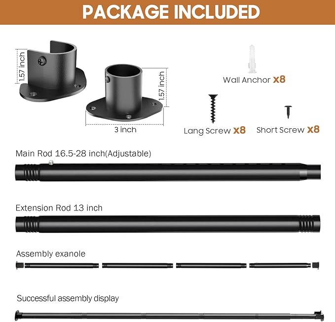 Closet Rods for Hanging Clothes, 16.5 to 102 Inches Adjustable Closet Rod, Heavy Duty Clothes Hanging Rod for Closet Wardrobes Laundry