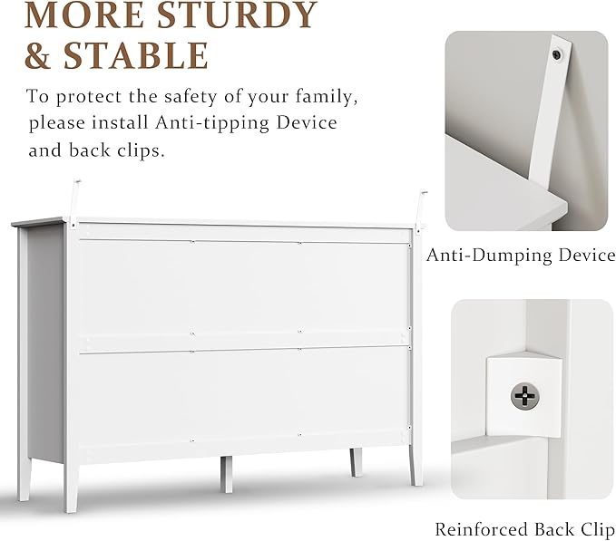 RoyalCraft White 6 Drawer Dresser for Bedroom, Fluted Painted Wood Chest of Drawers, Modern TV Stand Storage Cabinet for Living Room, Entryway, 47" W x 16" D x 32" H