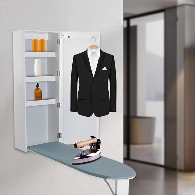 Wall Mounted Ironing Board Cabinet, Built-in Foldable Ironing Board & Folding Support Leg, Wall Ironing Boards with Mirror and 2 Hooks for Home, Apartment & Small Spaces