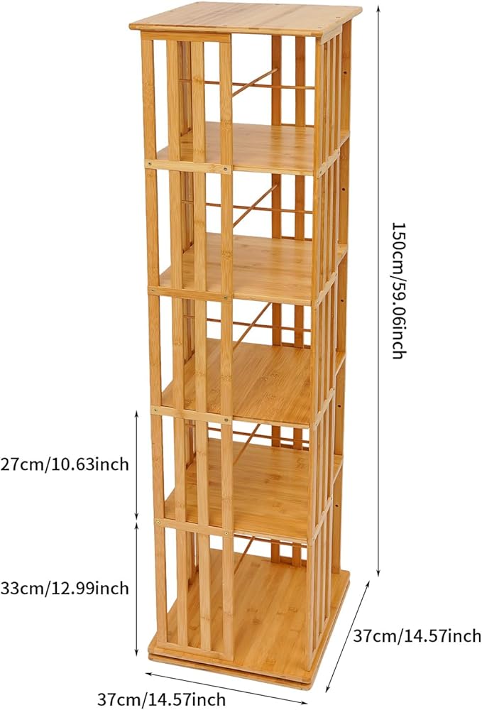 Rotating Bookshelf 5-Tier, 14.57x14.57x59.06in Floor Standing Book Storage Display Rack, Multi-Tiered Organizer for Books, Wood Color Rotatable Bookshelf for Study Rooms, Bedrooms, Living Rooms