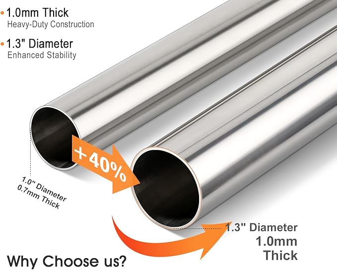 FIRJOY Premium Stainless Steel Closet Rod 1.0mm/1.3", Heavy Duty Adjustable Hanging Bar for Clothes Organization, No-Splice 1-Piece Telescoping Design (Silver, 26.9" - 46.9")