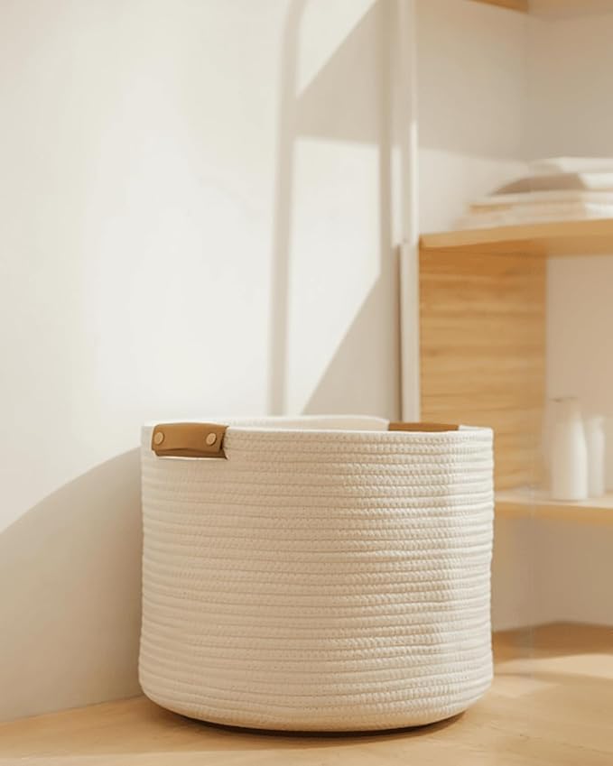 Small Cotton Woven Basket with PU Leather Handle, Baby Kids Clothes Toys Candy Gifts Cotton Rope Organizer, for Living Room Bathroom Shower Storage Laundry, Dog Cat Bed, Fall Basket, Coffee