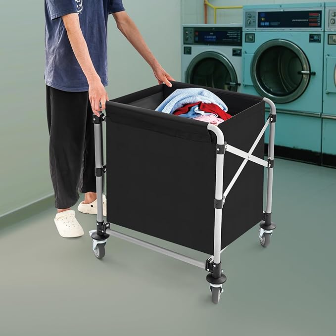 Commercial Laundry Cart with Wheels,Folding Laundry Hamper Cart,Heavy Duty Rolling Laundry Basket with Large Capacity,Laundry Sorter Trolley for Home Hotel Apartment (Black, 23.62 * 19.69 * 23.62in)